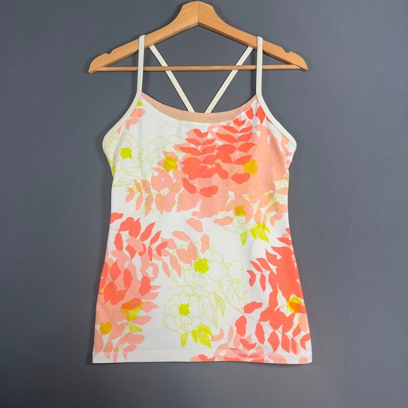 Lululemon Tops - Lululemon Power Y Tank Top Womens Size 6 Floral Built In Bra White Pink Yoga